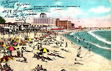 Vtg Postcard Bating Beach Santa Monica Ca Hotels Inns Umbrellas People 1930s picture