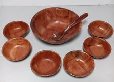 Vintage MCM Woven Wood 6” Bowl with Serving Spoon and 6 Dipping Bowls Boho picture