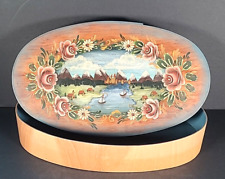 VINTAGE LARGE Shaker Style Hand Painted Oval Wooden Box Boats Village Floral 15