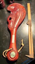 Vintage New Zealand Maori War Club Hand Carved Wood Paua Shell Accents picture