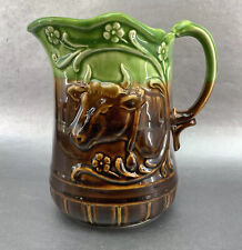 Bull Pitcher Vase Jug Vintage Pottery 7” Green Brown Majolica Water Bar picture