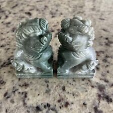 Set Of 2 - Light Green Jade Hand Carved Figurines Foo Dogs Unique Yin Yang picture