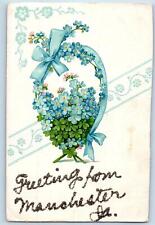 Manchester Iowa IA Postcard Greetings Embossed Flowers And Leaves c1910s Antique picture