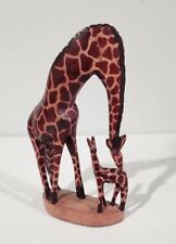 Hand Carved Mother and Baby Giraffe Statue Figure Made In Kenya Wood. picture