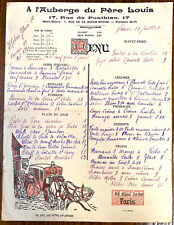 A l'Auberge du Pere Louis, Paris France Handwritten Menu/with Wine List on back picture