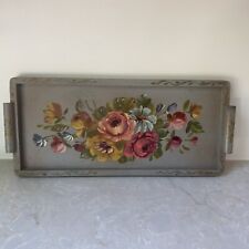 Vintage Floral  Hand Painted Wooden Tray 16.5” X 7.5”grey Roses picture