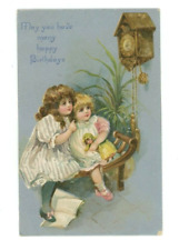 Vintage Birthday Postcard      CHILDREN & CLOCK ON SILVER    UNPOSTED picture