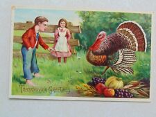 E2690 Postcard Thanksgiving Greetings Turkey and farmer -has creasing Germany picture