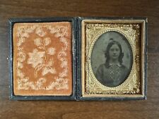 1850-1860s Pretty Ruby Ambrotype 1/9th Plate Woman Wearing Dress Full Case picture
