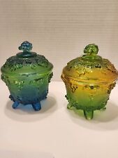 Set Of Two Vintage Green Yellow Blue Green Jeanette Glass Vanity Jars picture