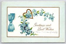 1910's Greetings And Best Wishes Blue Flower Petal & Ribbon Posted Postcard picture