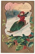 Antique Christmas Postcard Embossed Vintage Lady On Sleigh picture