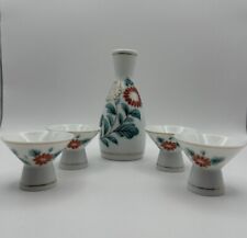 Japanese Fine Porcelain White Flower Sake Set Bottle 4 Cups Signed Vintage 5.5” picture