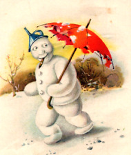 1929 GERMAN New Year Postcard Snowman Smokes Cigar Uses Umbrella Funnel Hat picture