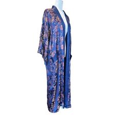 Vintage Floarts Asian Silky Satin Long Kimono Robe Royal Blue Size Large picture