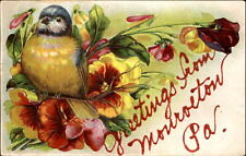 Greetings from Monroeton PA Pennsylvania ~novelty script ~ bird pansies c1910 picture