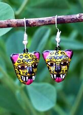 Small Leopard Jaguar Mask Earrings Handmade Hand Painted Puebla Mexican Folk Art picture
