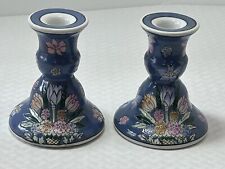 1 Pair Handcrafted Ceramic Country Folk Art  Blue Floral Candle Holders Vintage picture
