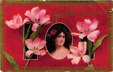 Vintage Postcard- HEALTH AND HAPPINESS, PINK FLOWERS, WOMAN WITH FLOWERS IN HER picture