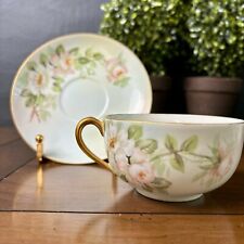 Antique T&V Limoges Hand Painted PEACH & WHITE ROSES Tea Cup Saucer  2 -pc Set picture