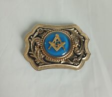 Vintage Masons Masonic Belt Buckle Ornate Floral Blue Black & Gold Tones picture