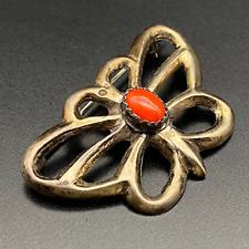 Vintage Navajo Native Butterfly Coral Sandcast Sterling Silver Brooch Pin picture