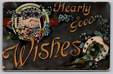 Hearty Good Wishes-Antique German Postcard-Early 1900s-Handshake-Horseshoe-Rare picture