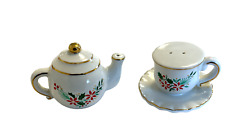 VINTAGE Salt & Pepper Set Figi’s Tea Pot Tea cup Saucer Christmas POINSETTIA picture