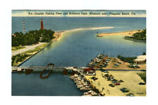 Vintage 1953 POMPANO BEACH Florida HILLSBORO INLET Fishing Fleet Linen Postcard picture