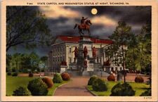 Richmond Virginia State Capitol & Washington Statue At Night Vtg. Linen PC P302 picture