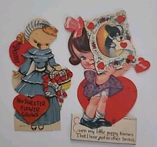 2 Vtg 1940-50s MECHANICAL VALENTINE Girl w PUPPY & Girl No Sweeter Flower CARDS picture