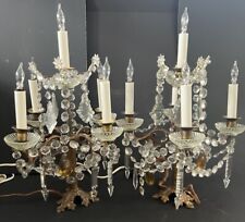 Antique Pair Crystal Girandoles Candelabra Lamps Electric RARE Amber Crystals picture