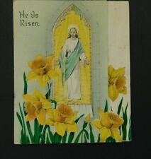 Vintage 1940's Easter Card Risen Christ in Stained Glass Window, Yellow Jonquils picture
