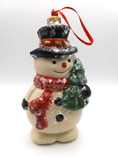 Vintage Hard Plastic Snowman Ornament Snow Covered Black Hat with Christmas Tree picture