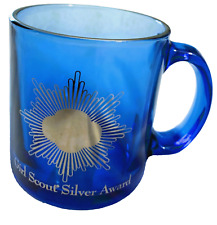 Vtg Rare Brand New Girl Scout Silver Award Blue Glass 12oz Tea Coffee Mug picture