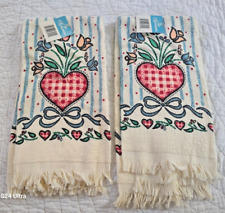 NEW Signature Kitchen Towel Set Cotton Flower & Heart Design W- Fringe Ends NWT picture