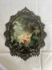 Lady On A Swing. Brass Ornate Cast Oval Frame  Vintage Made In Italy picture