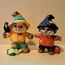 2 VTG Thanksgiving Scarecrow Ceramic Figurines Fall Autumn with Crow & Pumpkin picture