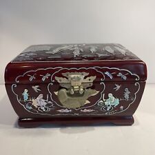 Vintage Wooden Lacquered Jewelry Ring Box Inlaid Mother Of Pearl Asian Scene picture