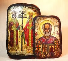 Greek Orthodox Icon Saints Constantine and Helen on Waxed Wood and Hurora Plaque picture