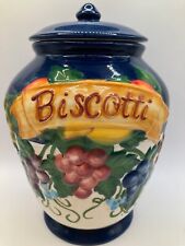 Nonni's Biscotti Cookie Jar Large Hand Painted Raised Fruits Cobalt Blue picture