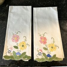 (2) Vintage Napkins Towel Embroidered Scalloped Flowers Cottage Core Farmhouse picture
