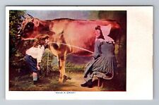 Comic Have A Drink, Woman Milking Cow, Child Drinking, Antique Vintage Postcard picture