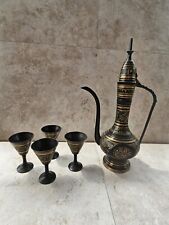 Arabic Indian Teapot set of 5 Aflaba Brass Etched w Gold Vintage Rare Find picture