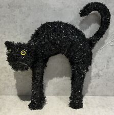 Vintage Halloween Tinsel Wire Standing Black Cat Arched Back Yellow Eyes picture
