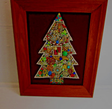 Large Wood Framed Jewelry Christmas Tree Rhinestones Pearls On Burgundy Velvet picture