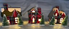 Martha Stewart Christmas Ornaments CUTE set of 3 Red Plaid Putz Houses w/ Lights picture