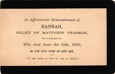 US Victorian 1880 Remembrance Mourning Card - Hannah, Relict of Matthew Pearson. picture