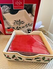 New NIB LENOX Holiday Napkin Holder Christmas Square Holly Berries Gold Band BOX picture