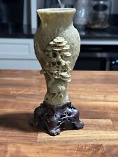 Vintage Asian Ornately Hand Carved Soapstone Vase With Footed Pedestal picture